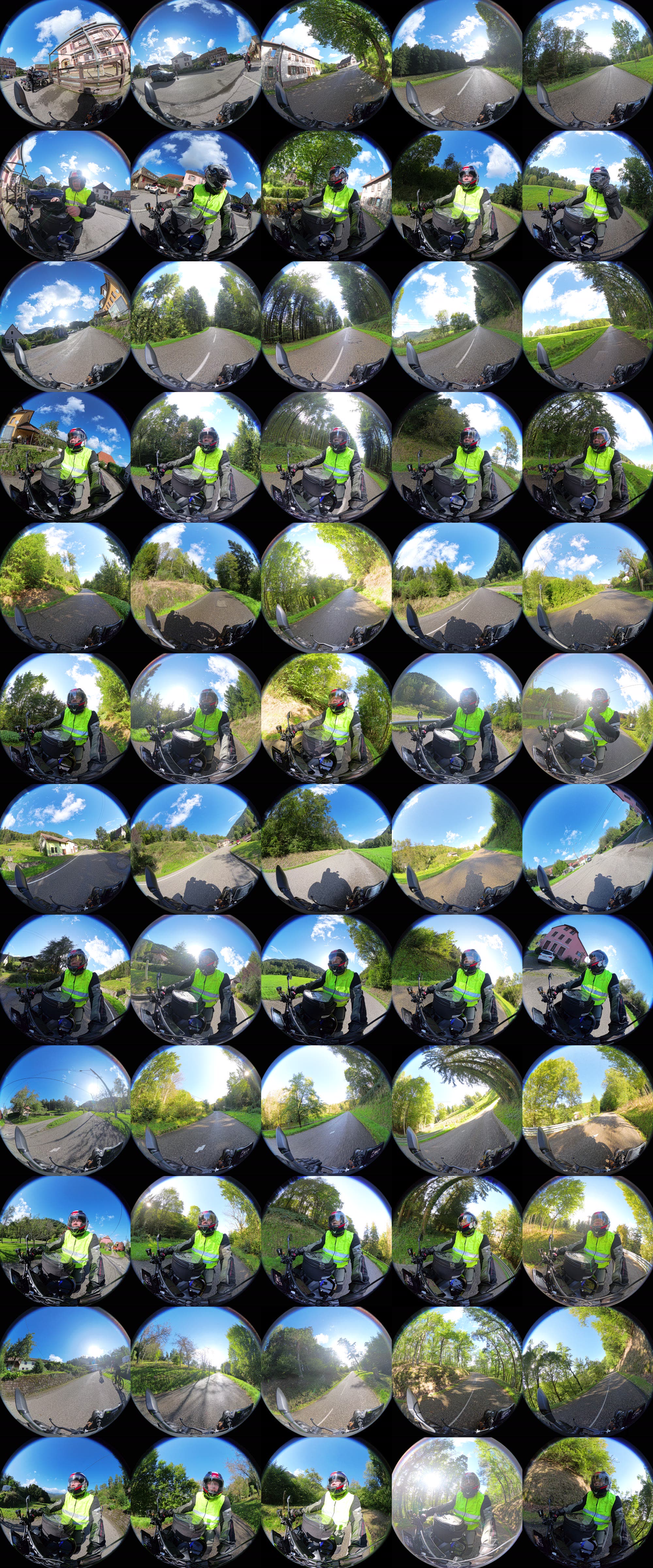 Filmstrip-Grid: 30 Dual-Lens Fisheye-Frames einer Motorradtour durch die Vogesen, angeordnet in einem 5×6-Raster