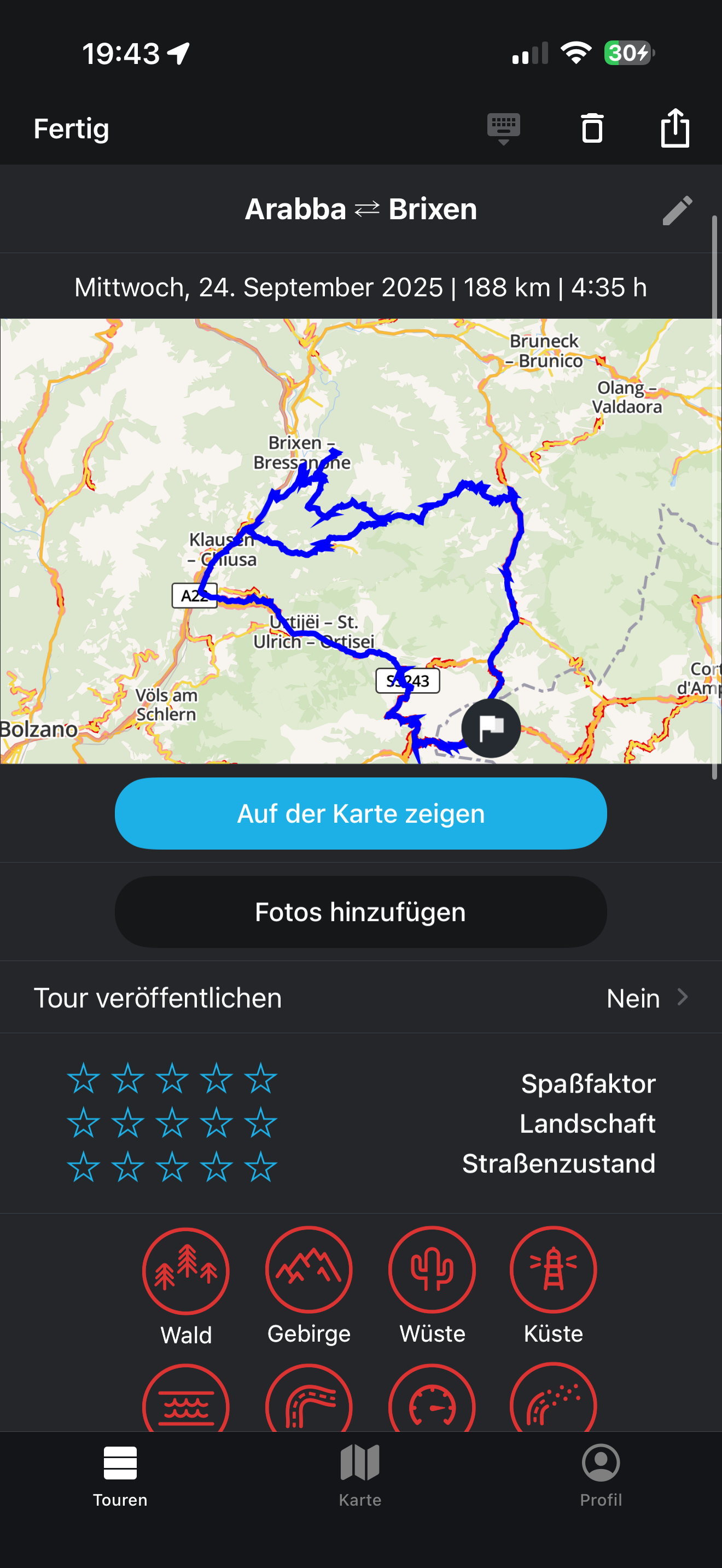 Calimoto Tour-Detail: Karte mit Route, Sternebewertung für Spaßfaktor