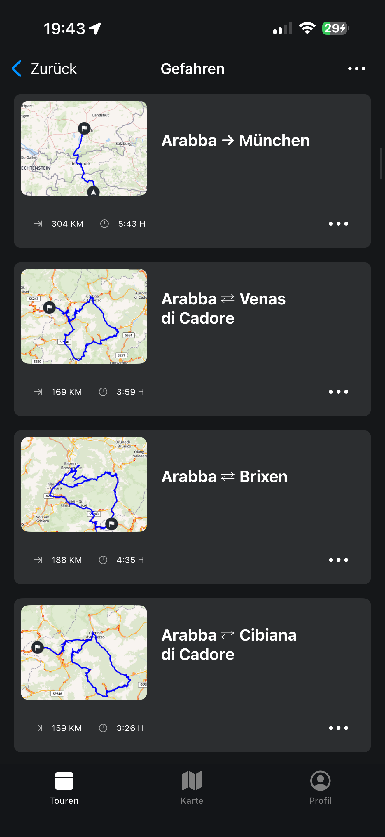Calimoto Tourenübersicht: Arabba-Brixen, 188 km, 4:35h
