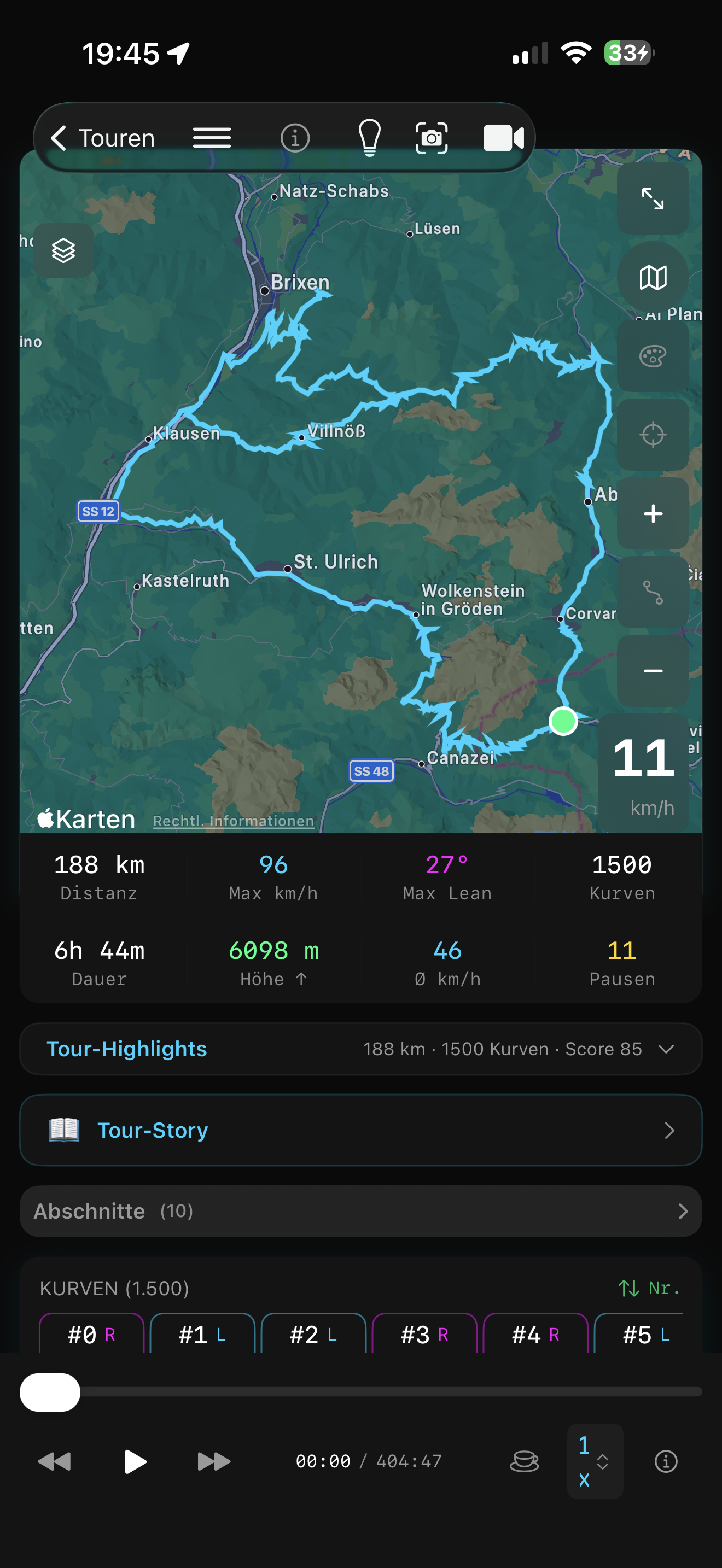 Kurvenfokus Kartenansicht: Schräglagen-Heatmap, 1500 Kurven nummeriert, Tour-Score 85