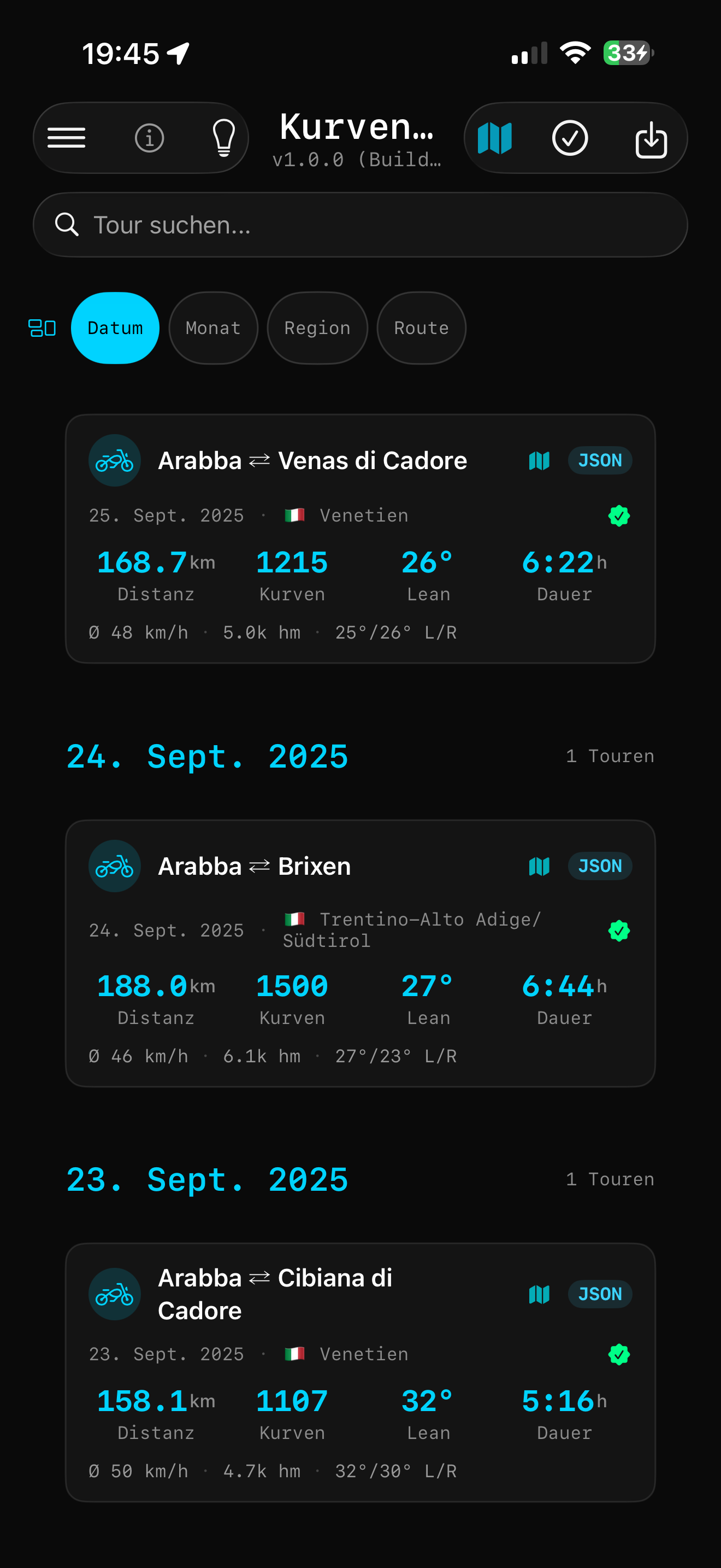 Kurvenfokus Tourenübersicht: Arabba-Brixen, 1500 Kurven, 27° Lean, 188 km