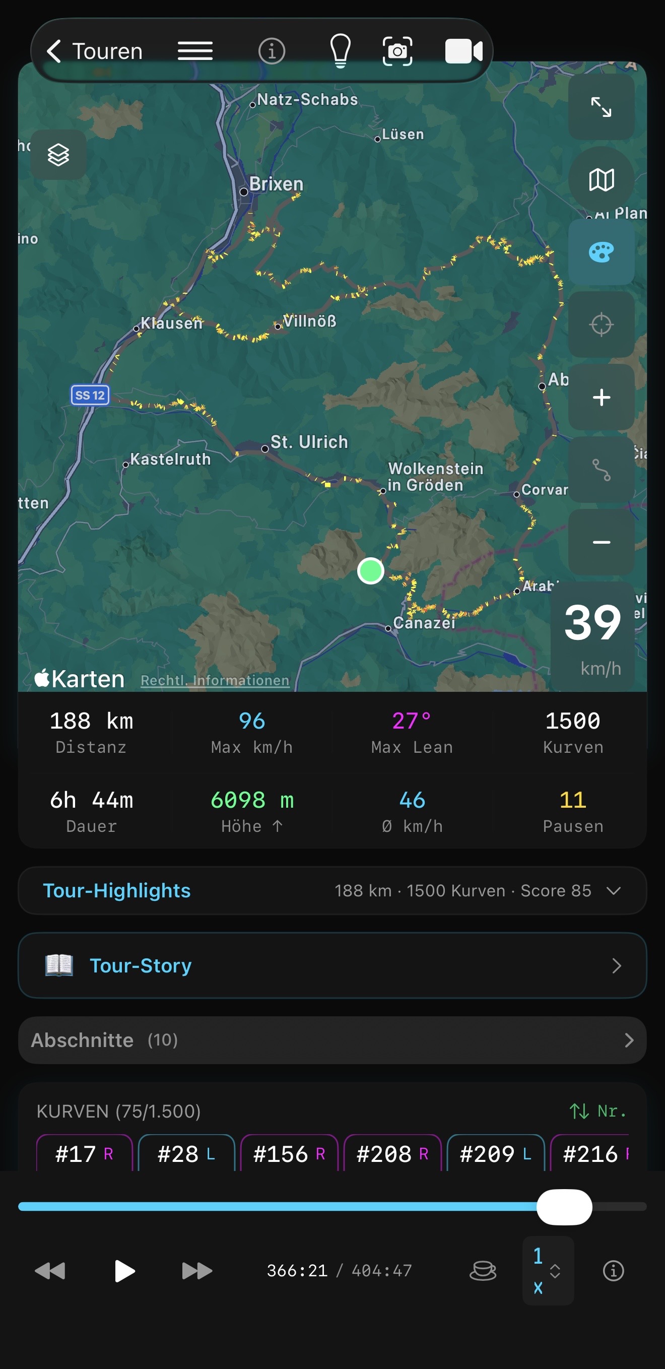 Kurvenfokus Lean-Heatmap: Schräglage jeder Kurve auf der Dolomiten-Tour sichtbar