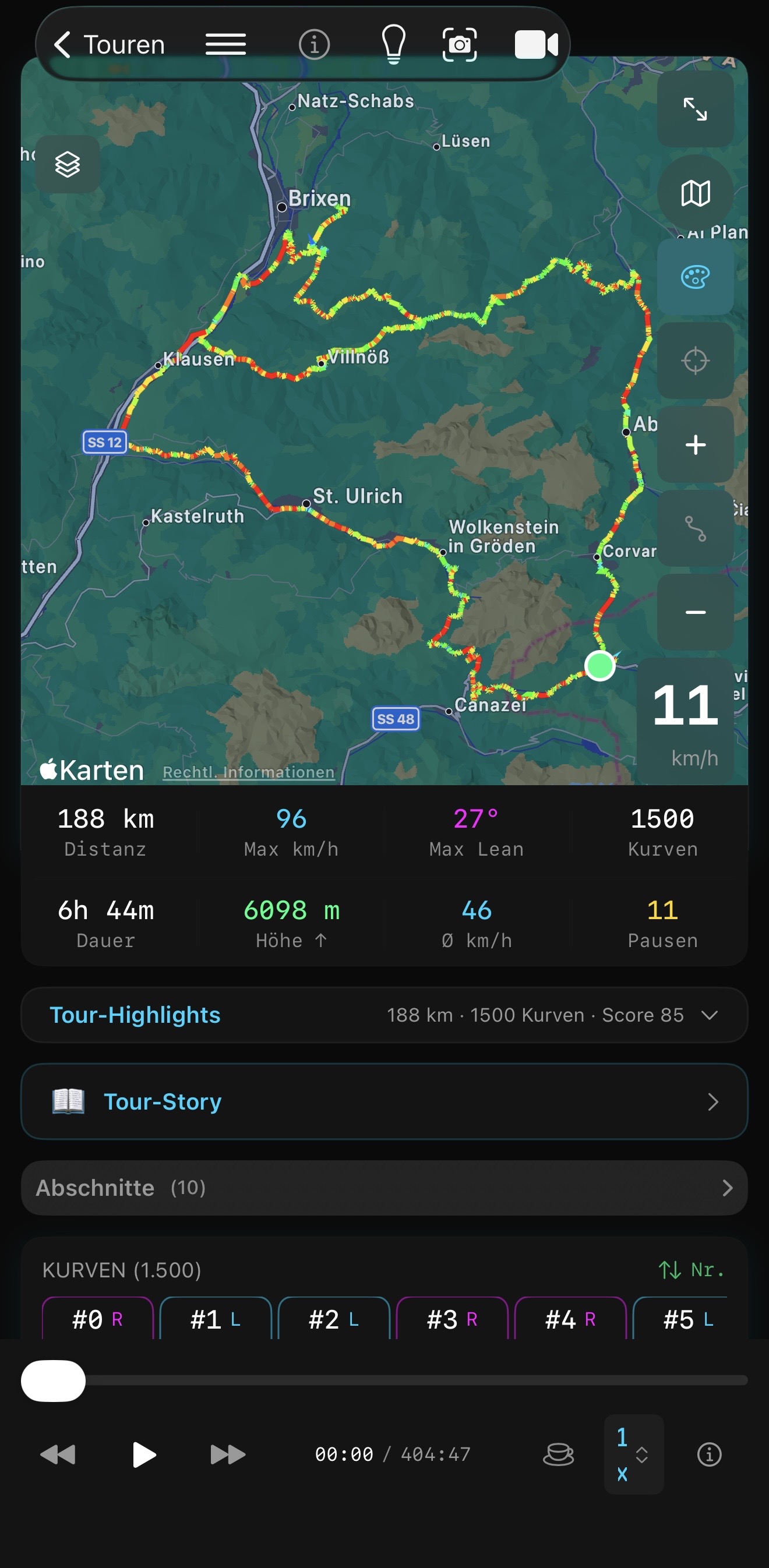 Kurvenfokus Speed-Heatmap: 188 km Dolomiten-Tour mit 1.500 Kurven, farbcodiert nach Geschwindigkeit