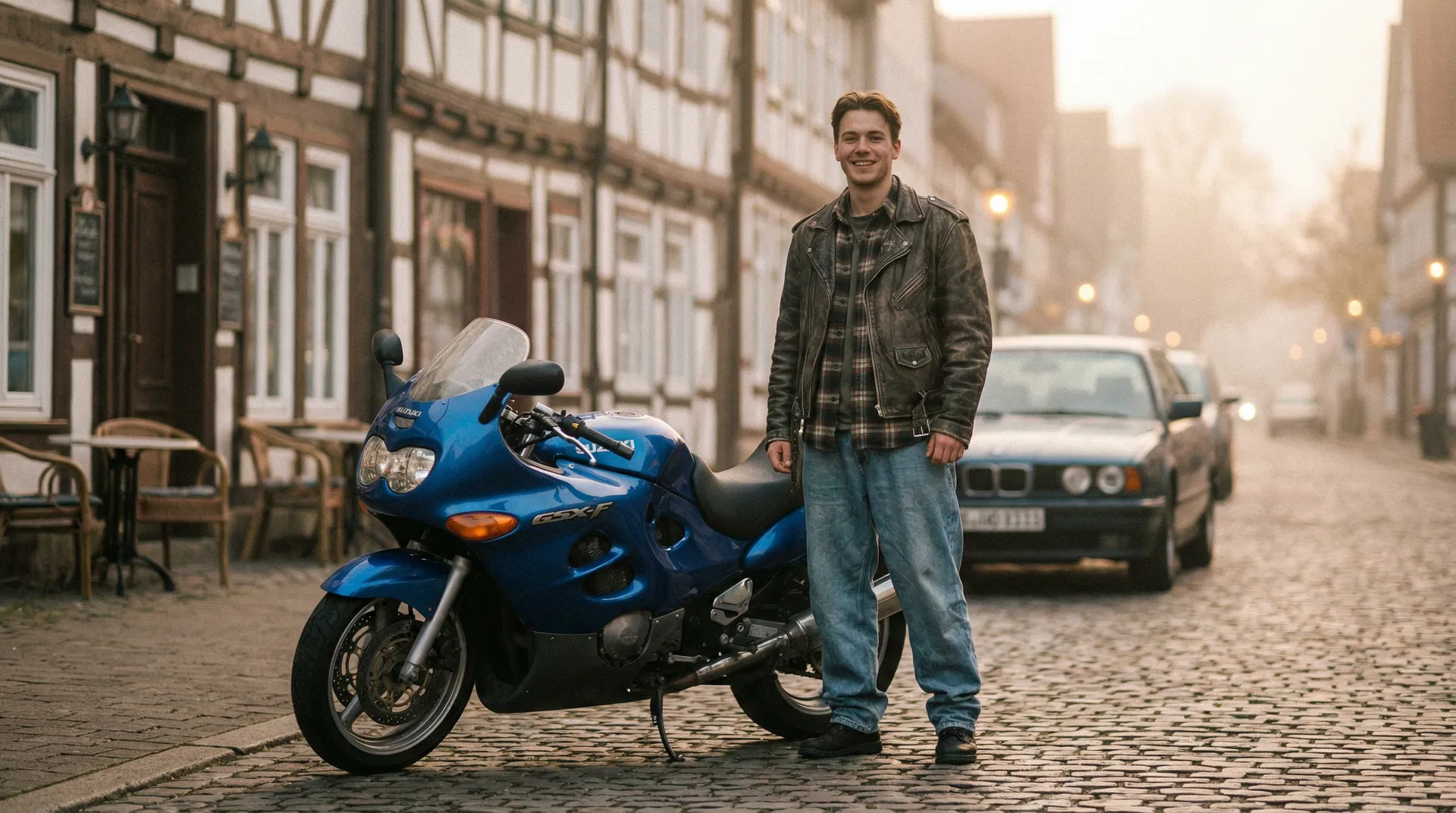 Junger Motorradfahrer mit seiner ersten Maschine