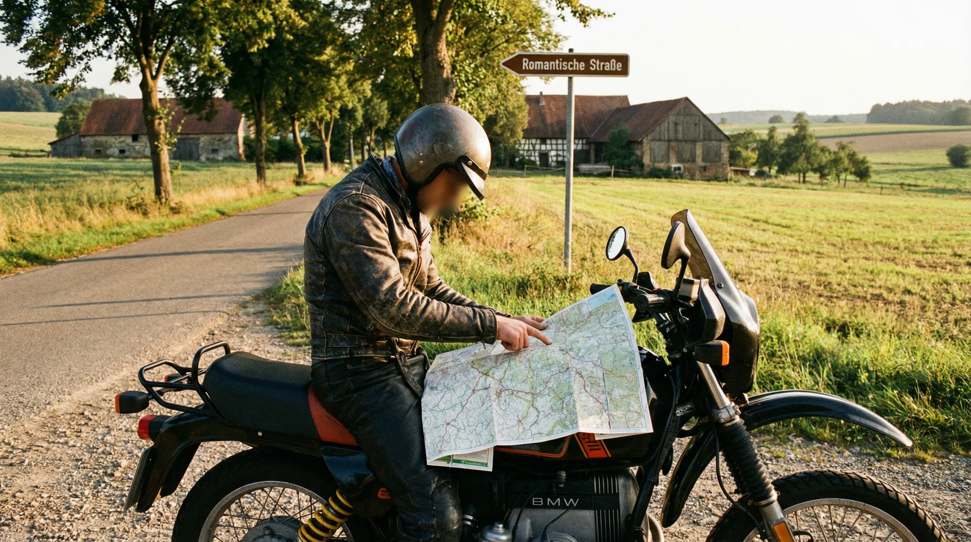 Motorradfahrer mit Straßenkarte an einer Kreuzung