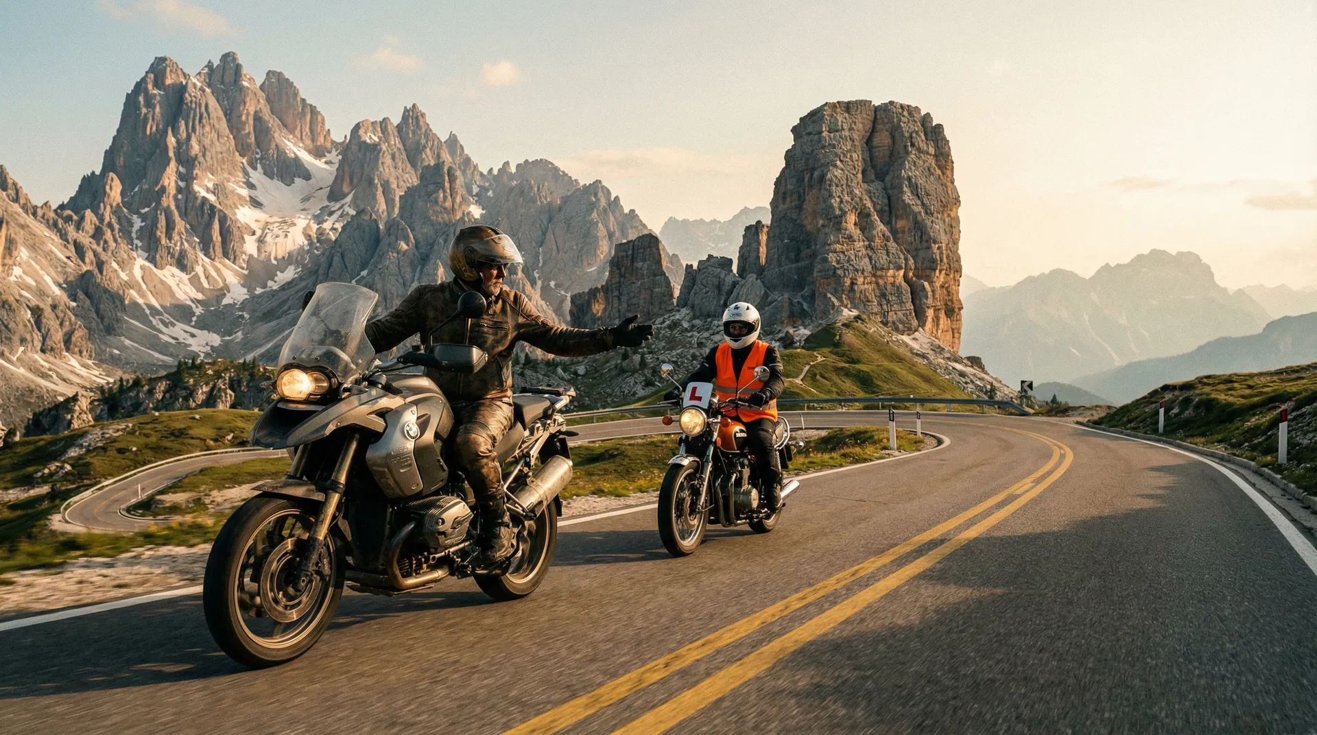 Zwei Motorradfahrer auf einer Passstraße in Südtirol
