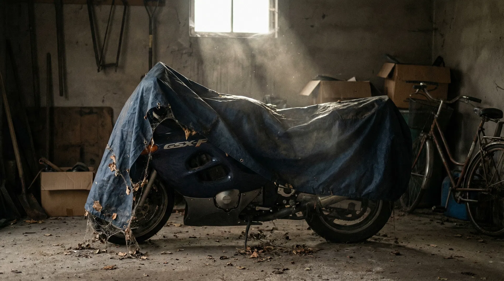 Verlassenes Motorrad in einer Garage