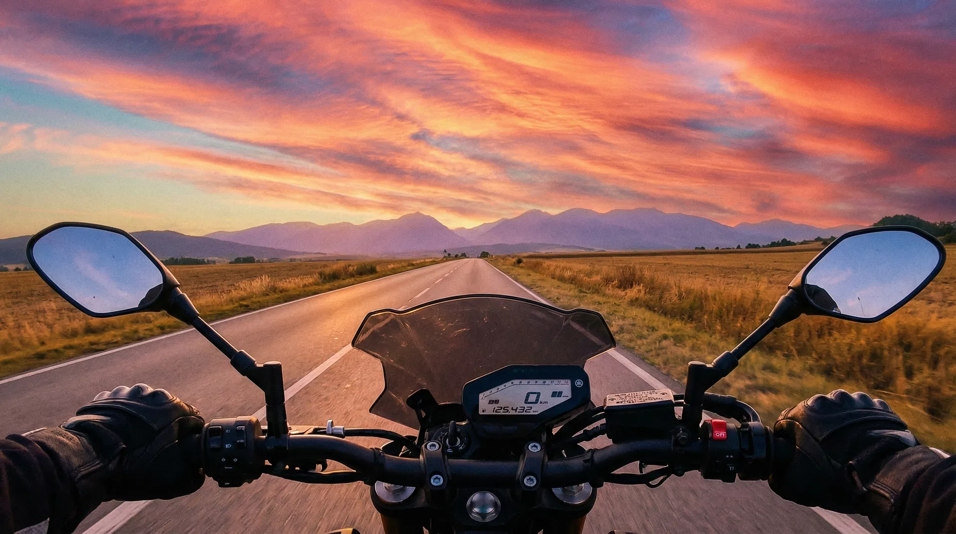 Motorradfahrer auf einer Bergstraße mit Blick in die Zukunft
