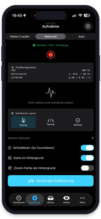MotionRecord Aufnahme-Screen mit IMU 100 Hz und Motorrad-Profil