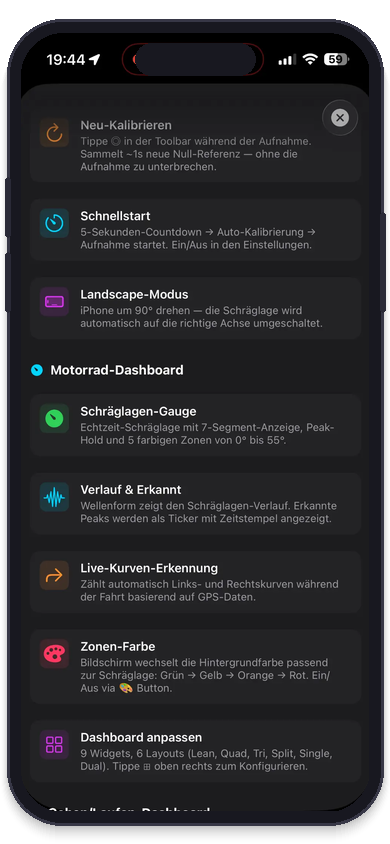 Feature-Übersicht mit allen Sensor- und Analyse-Funktionen