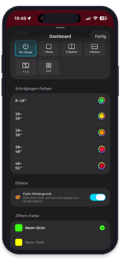 Echtzeit-Schräglage-Gauge mit 5 Farbzonen von 0° bis 55°
