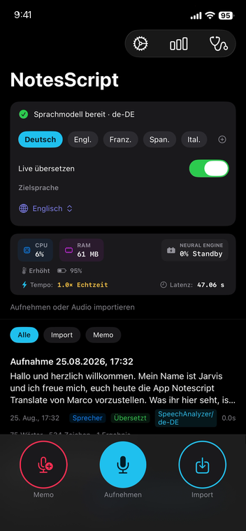 Startansicht: „Sprachmodell bereit“, Auswahl zwischen Deutsch, Englisch, Französisch, Spanisch und Italienisch, der Schalter „Live übersetzen“ steht an, Zielsprache Englisch.