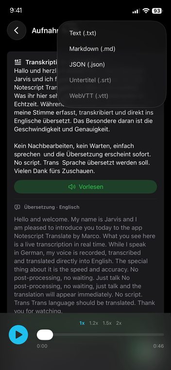 Geöffnetes Ausgabemenü mit den Formaten Text (.txt), Markdown (.md), JSON (.json), Untertitel (.srt) und WebVTT (.vtt).