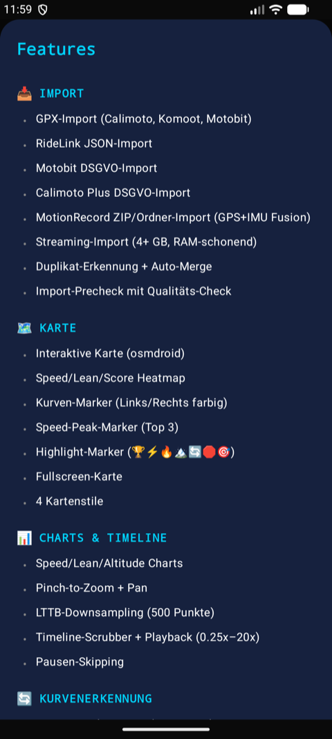 Feature-Übersicht: Import, Karte, Charts, Kurvenerkennung