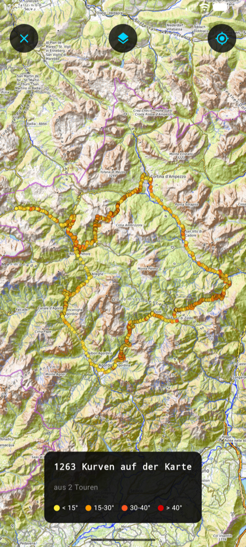 Heatmap mit 1263 Kurven auf der Karte, farbcodiert nach Schräglage